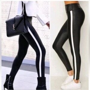 SPANX Faux Leather Leggings Track Stripe Size Large Black High Rise 20187R, NWT